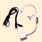 photo of all the cables that come with the mobile phone adapter accessory available from Dolphinear. The mobile phone adapter unit. an audio splitter and a long male to male connection cable are visible